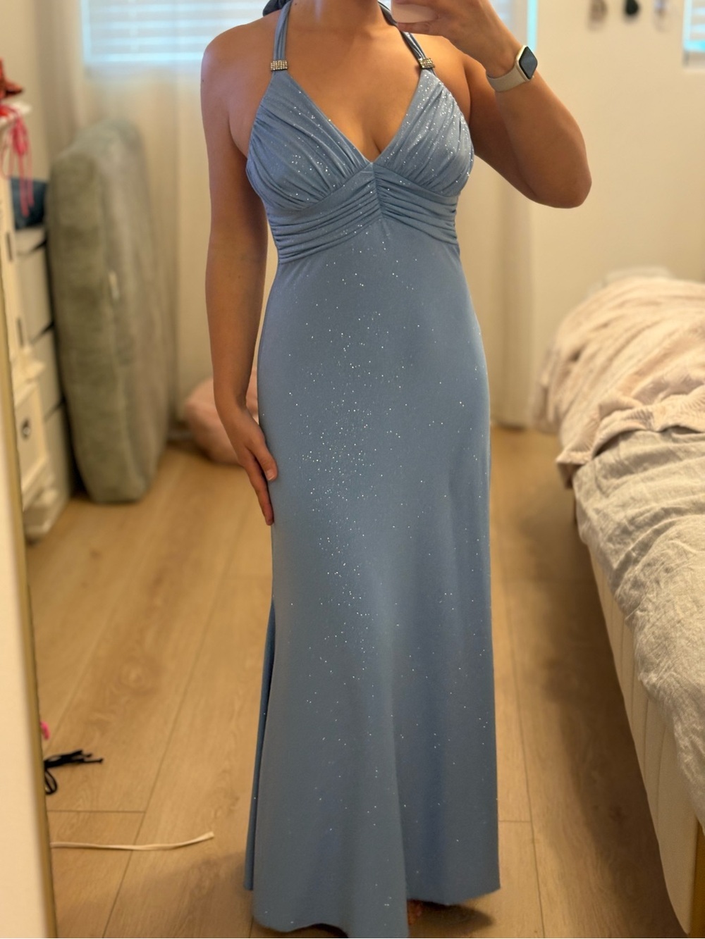 Love Tease Sparkling Light Blue Halter Prom Gown